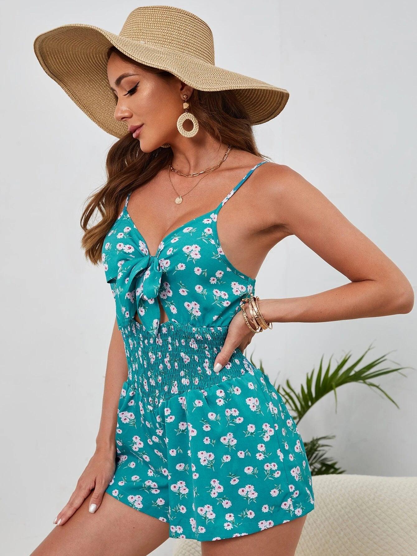 Floral Print Front Knot Cami Romper-Comfy Jumpsuits