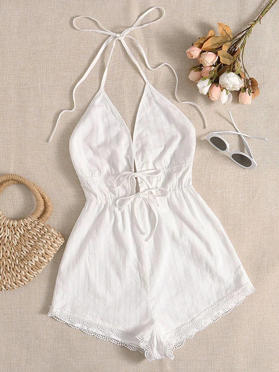 Lace Trim Tie Front Halter Romper-Comfy Jumpsuits