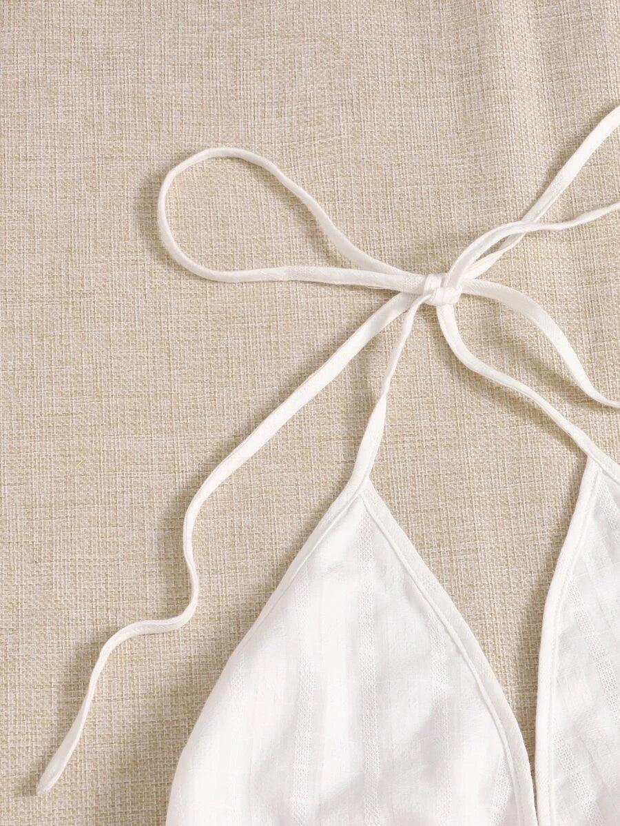 Lace Trim Tie Front Halter Romper-Comfy Jumpsuits