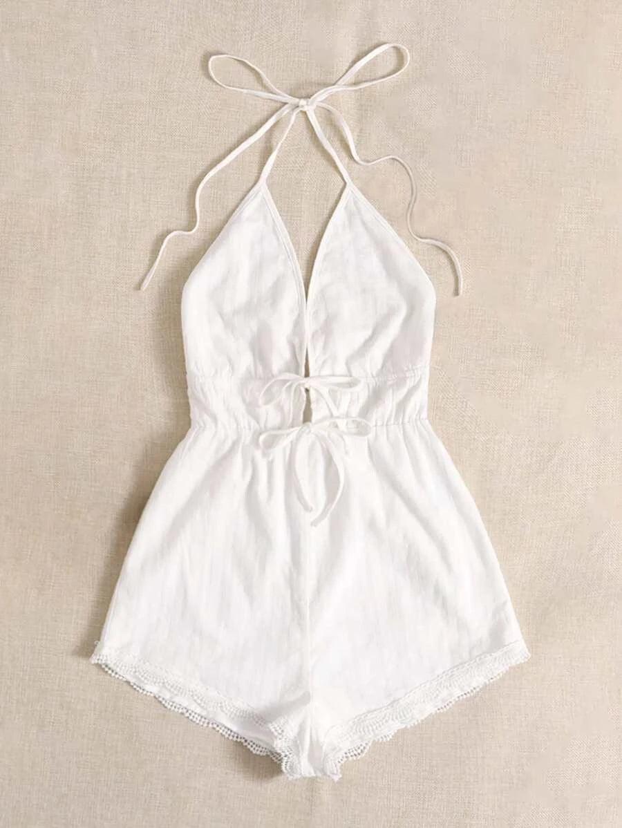 Lace Trim Tie Front Halter Romper-Comfy Jumpsuits