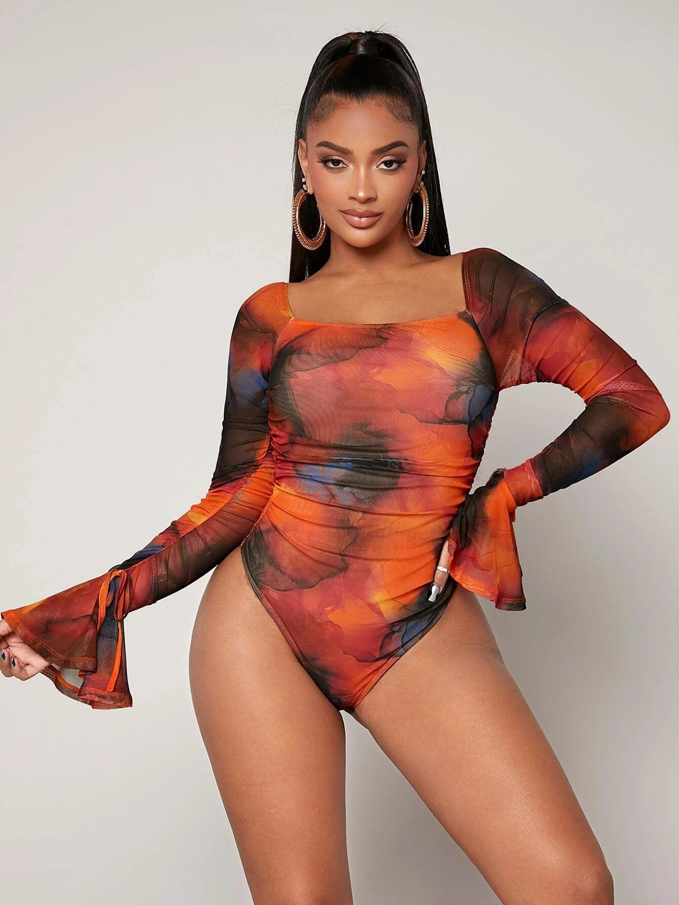 Marble Print Ruched Flounce Sleeve Bodysuit-Comfy Jumpsuits