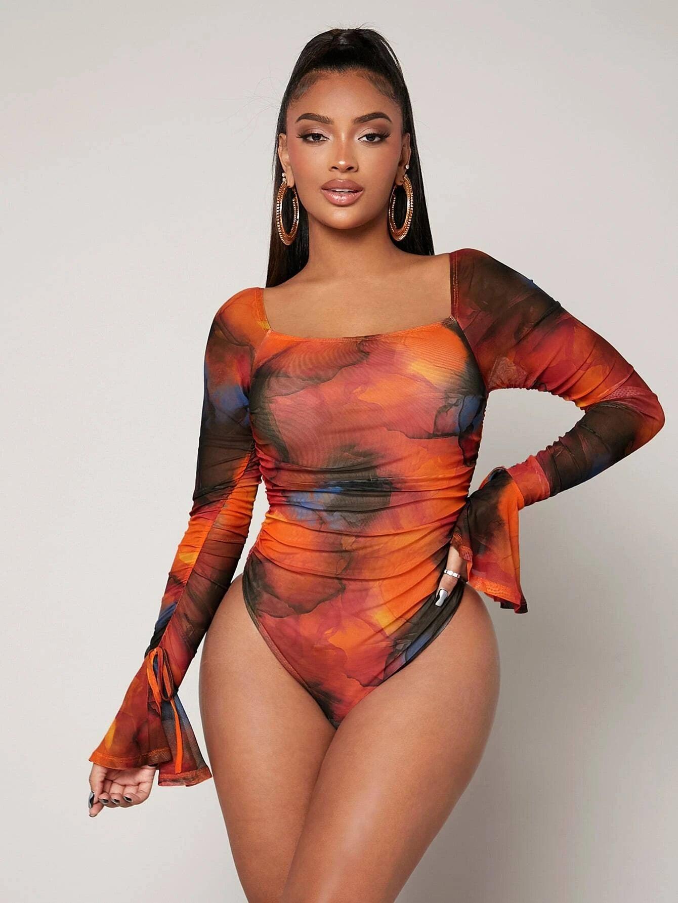 Marble Print Ruched Flounce Sleeve Bodysuit-Comfy Jumpsuits