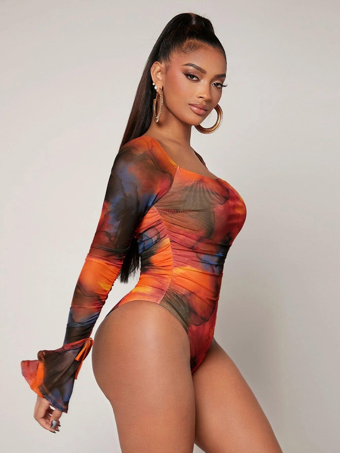 Marble Print Ruched Flounce Sleeve Bodysuit-Comfy Jumpsuits