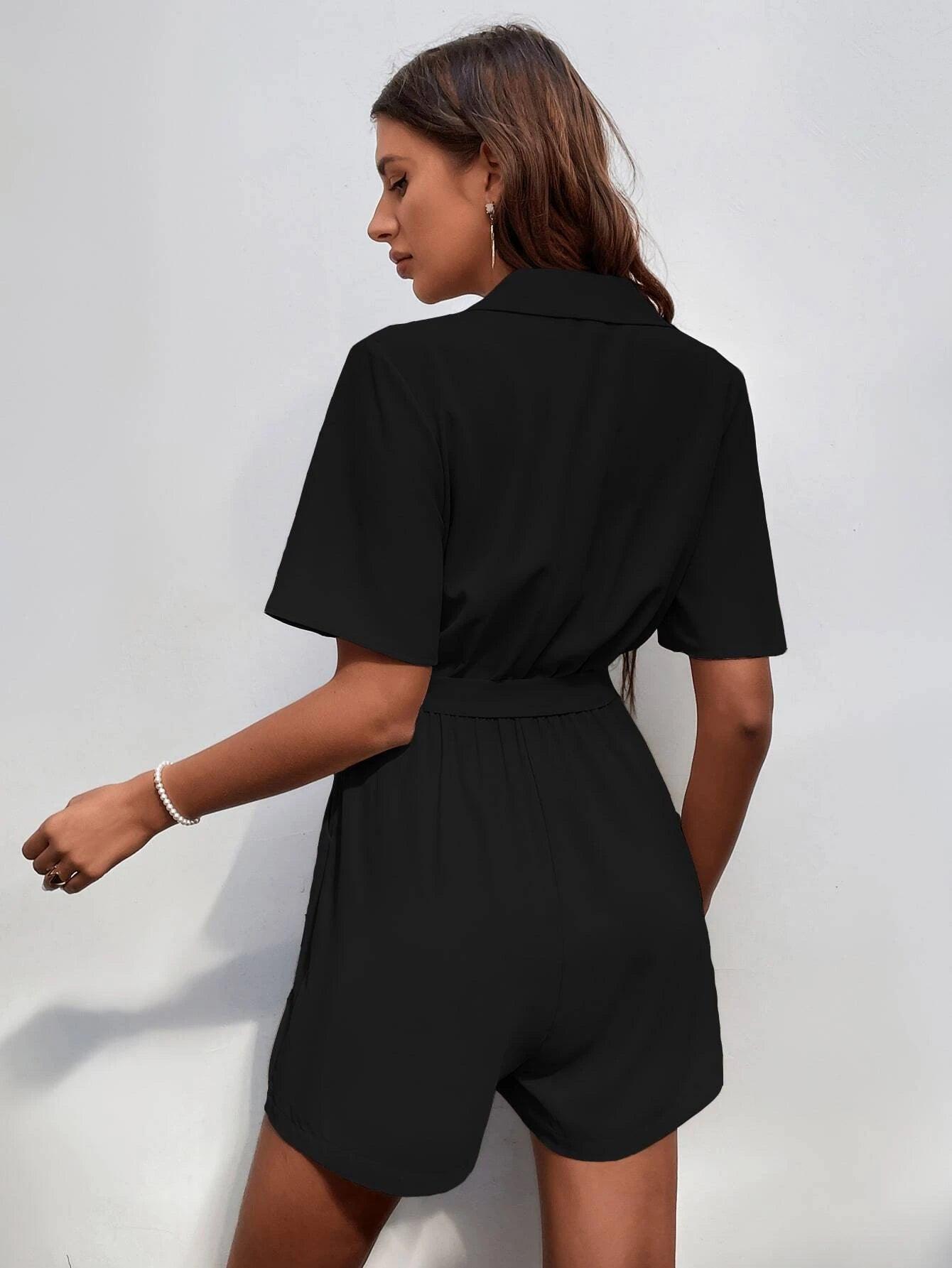 Belted Shirt Style Romper-Comfy Jumpsuits
