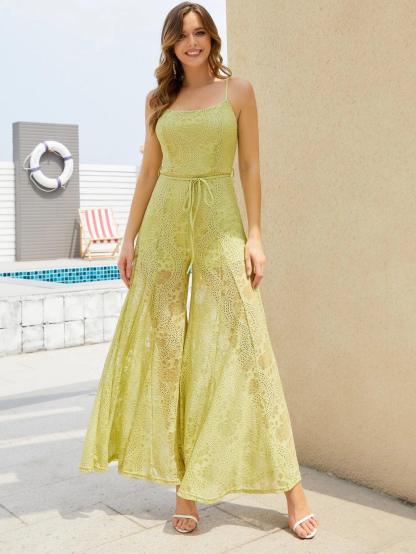 Wide Leg Belted Lace Cami Jumpsuit-Comfy Jumpsuits