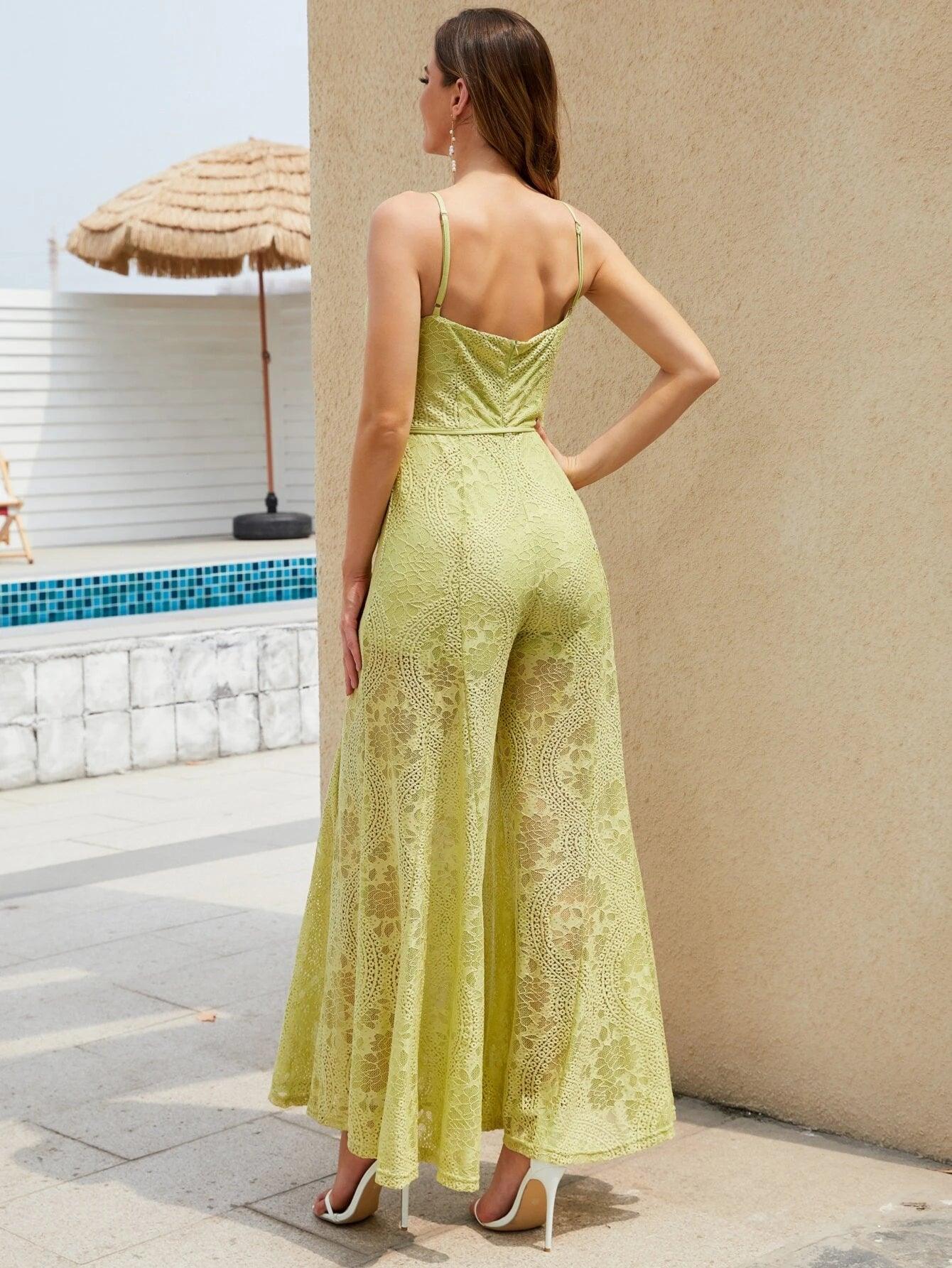 Wide Leg Belted Lace Cami Jumpsuit-Comfy Jumpsuits