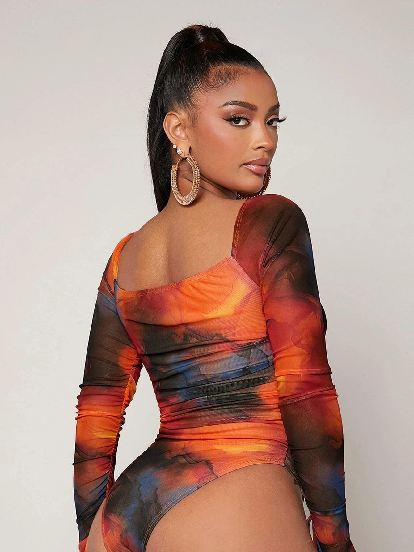 Marble Print Ruched Flounce Sleeve Bodysuit-Comfy Jumpsuits