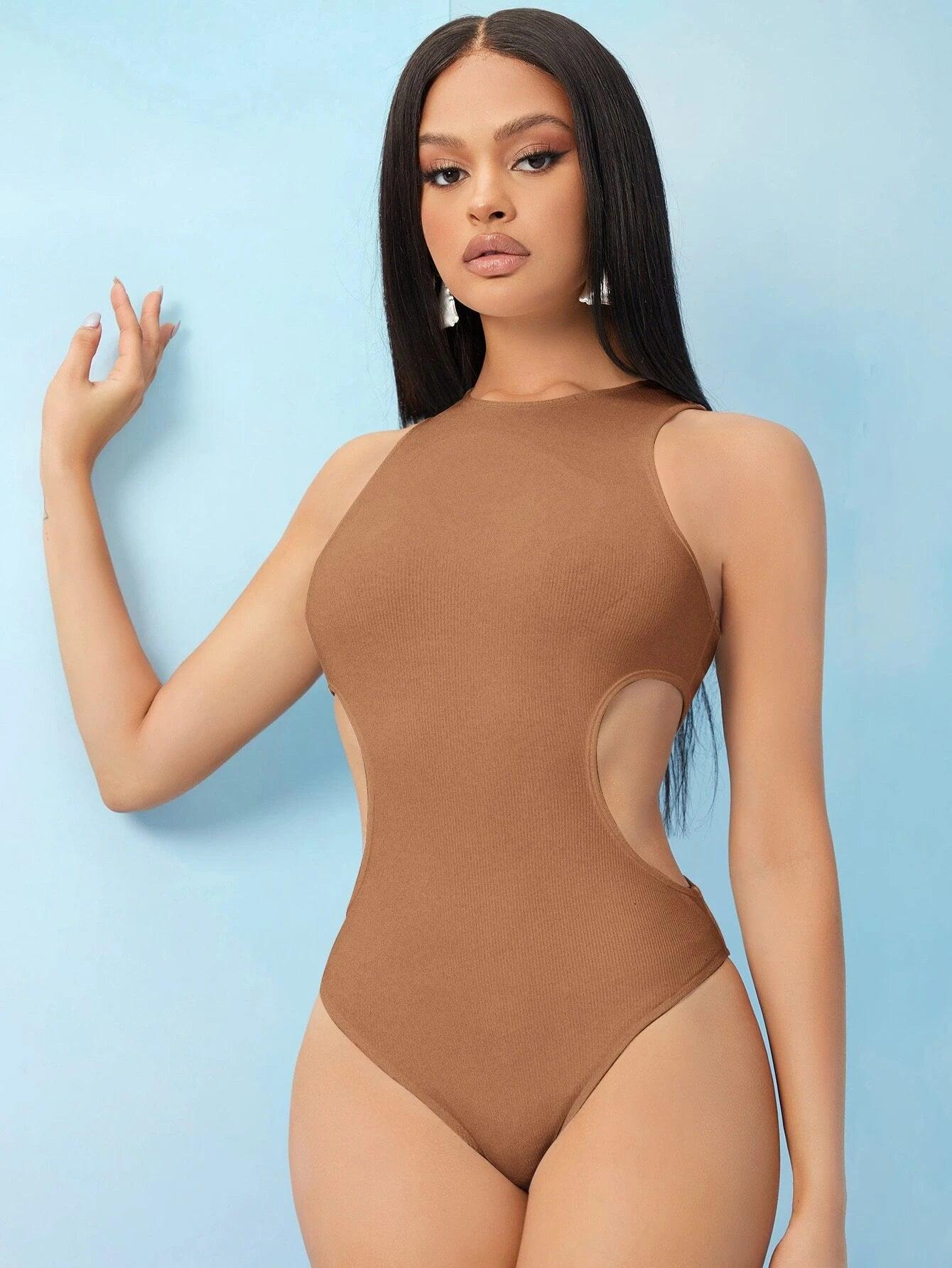 Cutout Side Solid Bodysuit-Comfy Jumpsuits
