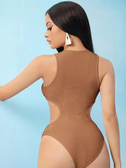 Cutout Side Solid Bodysuit-Comfy Jumpsuits