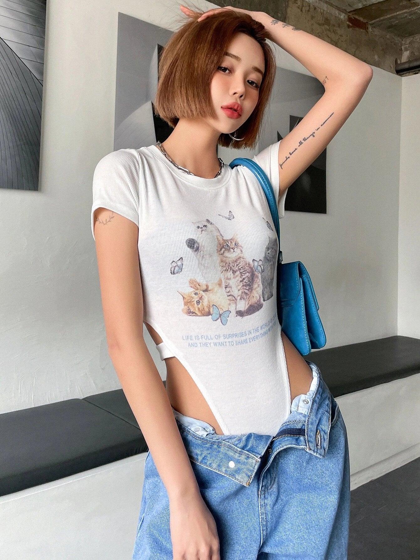 Cartoon Cat & Slogan Print Bodysuit-Comfy Jumpsuits