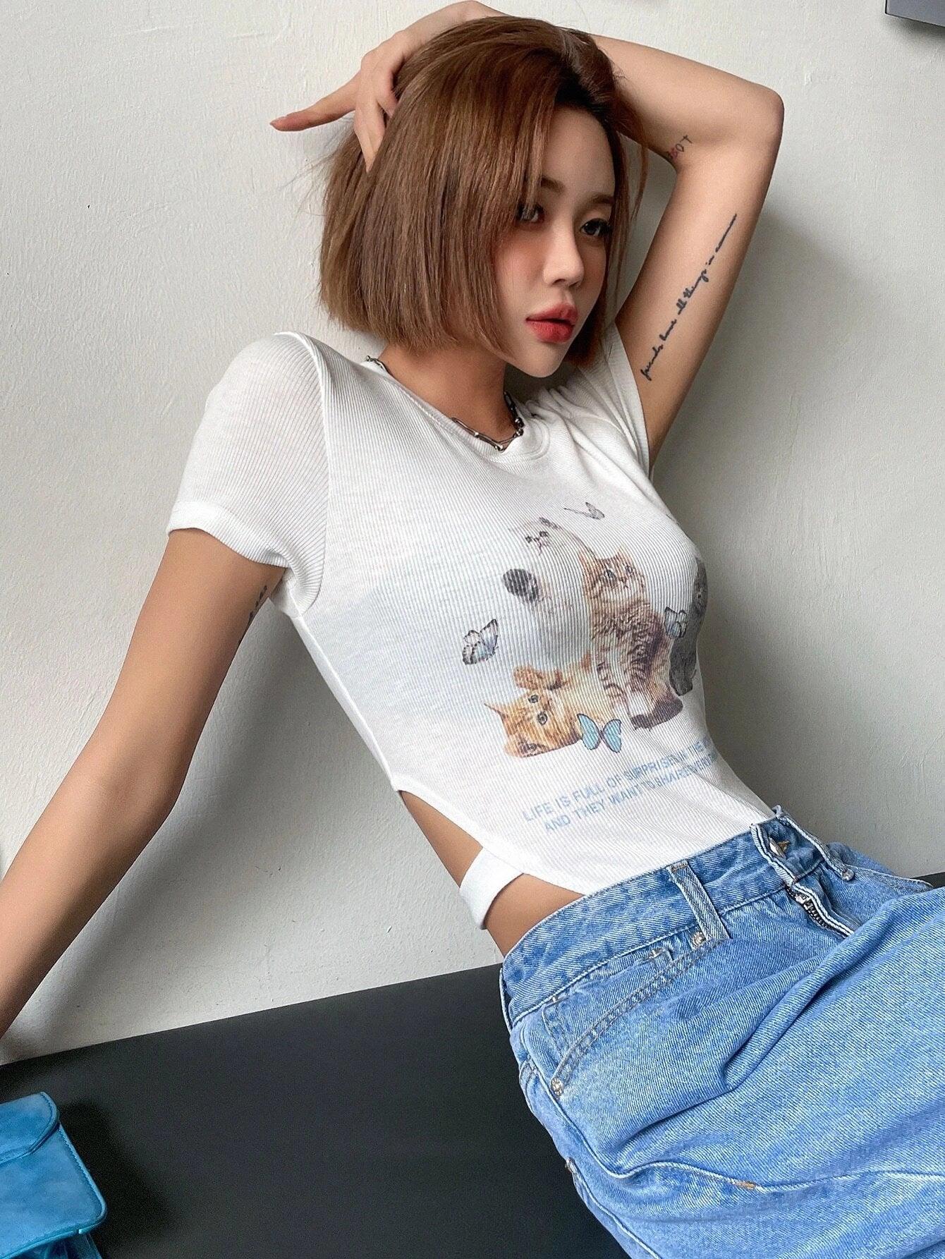 Cartoon Cat & Slogan Print Bodysuit-Comfy Jumpsuits