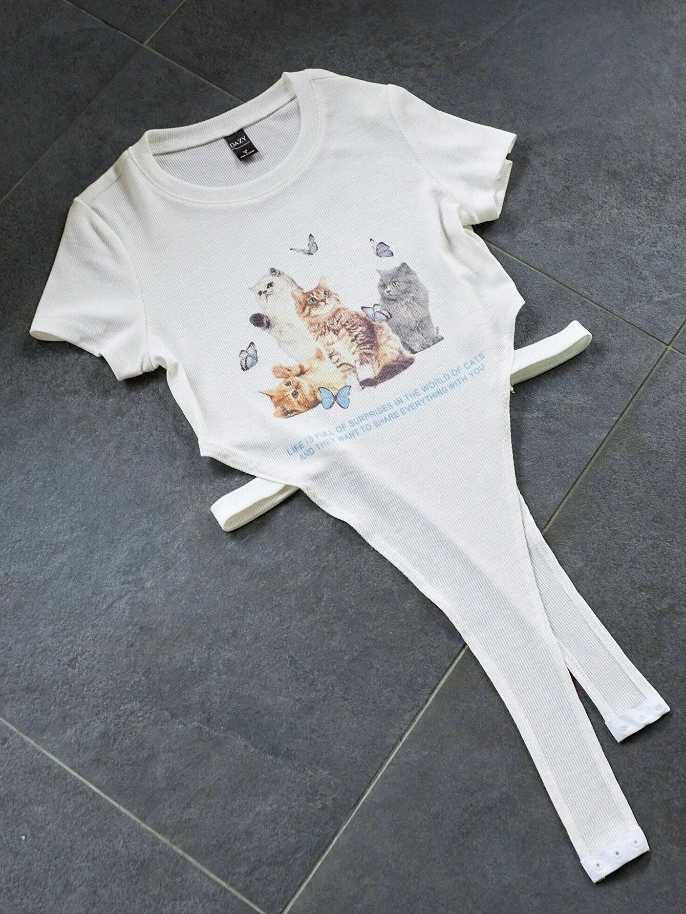 Cartoon Cat & Slogan Print Bodysuit-Comfy Jumpsuits