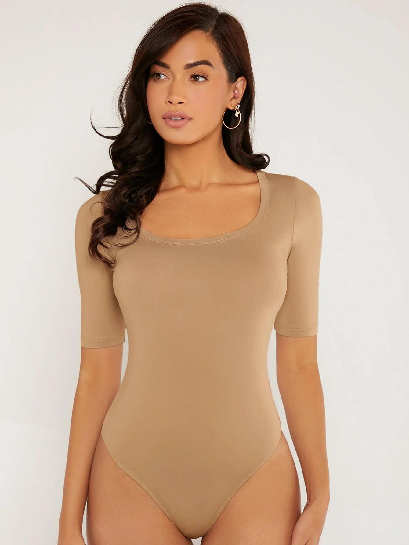 Solid Colored Scooped Neckline Bodysuit-Comfy Jumpsuits
