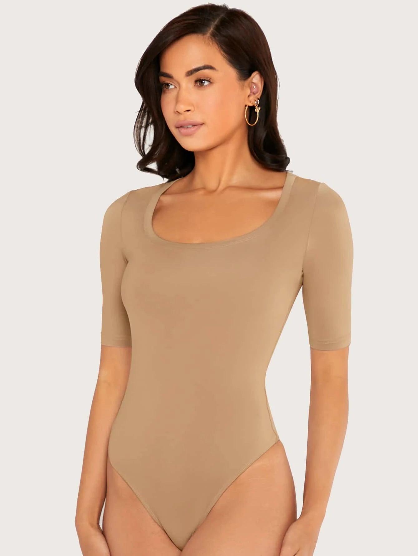 Solid Colored Scooped Neckline Bodysuit-Comfy Jumpsuits