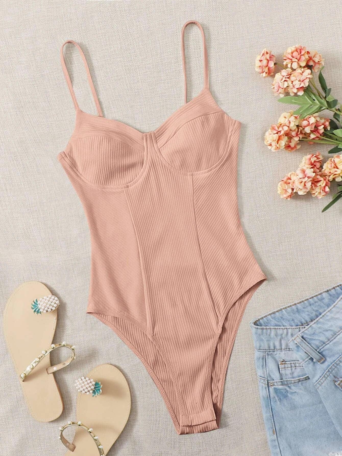 Sleeveless Colored Rib-Knit Bodysuit-Comfy Jumpsuits