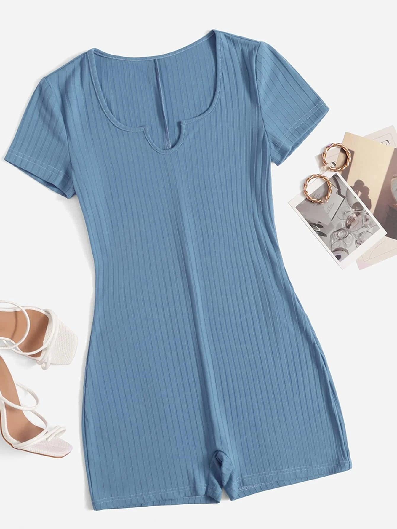 Notched Neck Rib Knit Romper-Comfy Jumpsuits