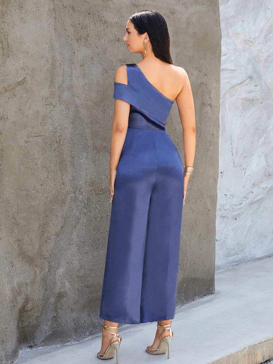 One Shoulder Solid Jumpsuit Without Belt-Comfy Jumpsuits