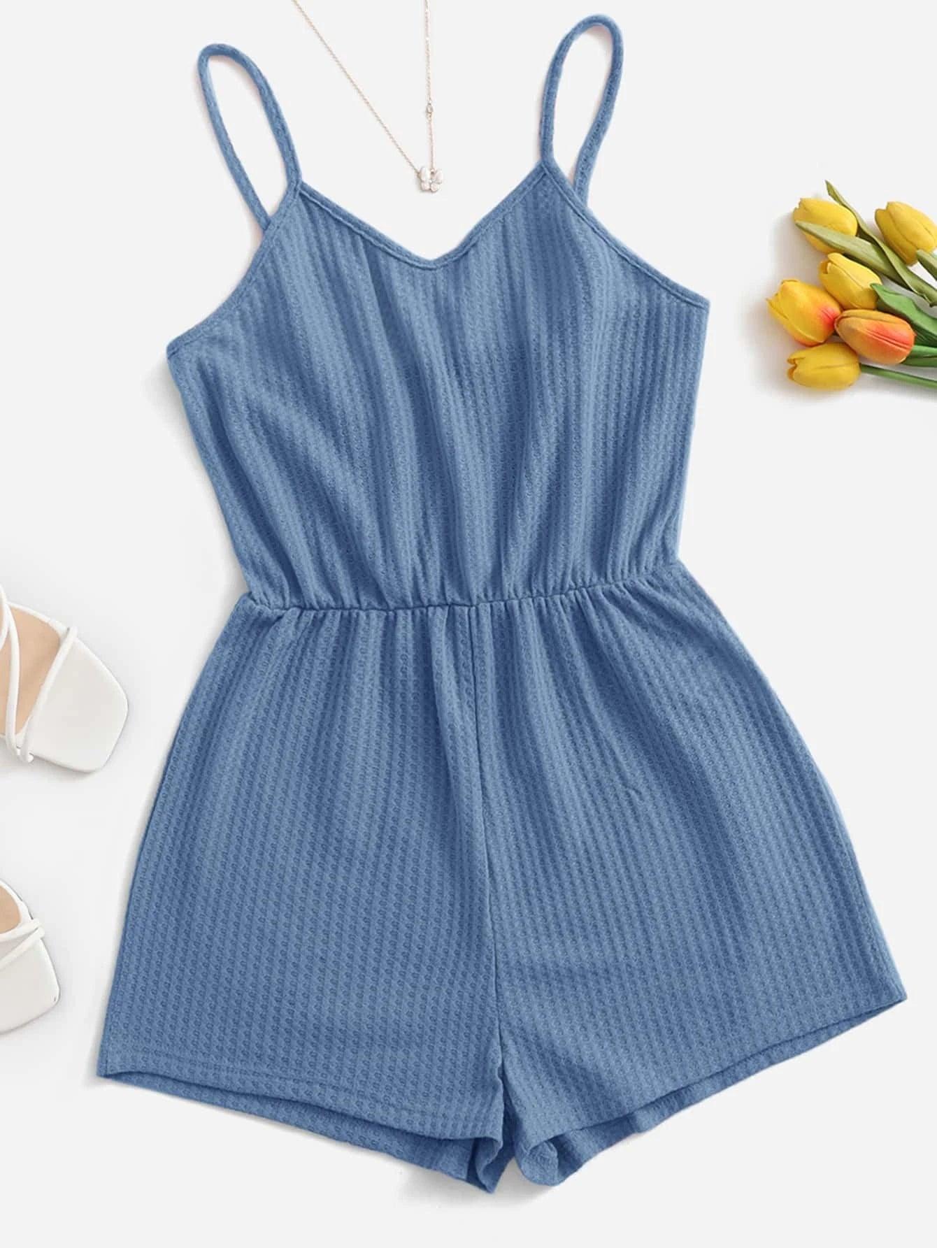 Casual Waffle Knit Cami Romper-Comfy Jumpsuits