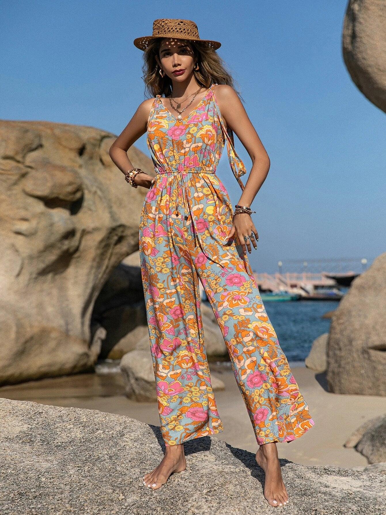 Floral Print Tie Shoulder Sleeveless Jumpsuit-Comfy Jumpsuits