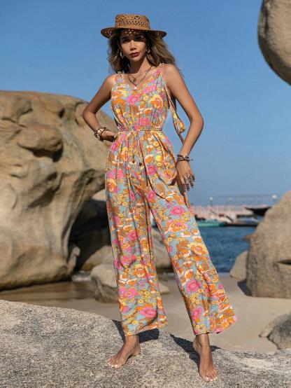 Floral Print Tie Shoulder Sleeveless Jumpsuit-Comfy Jumpsuits