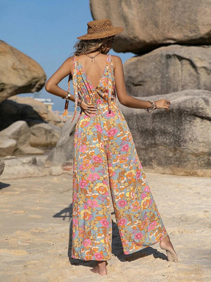 Floral Print Tie Shoulder Sleeveless Jumpsuit-Comfy Jumpsuits