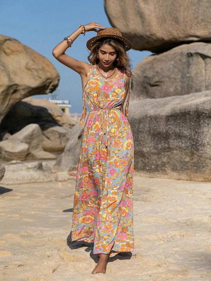 Floral Print Tie Shoulder Sleeveless Jumpsuit-Comfy Jumpsuits