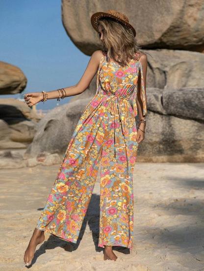 Floral Print Tie Shoulder Sleeveless Jumpsuit-Comfy Jumpsuits