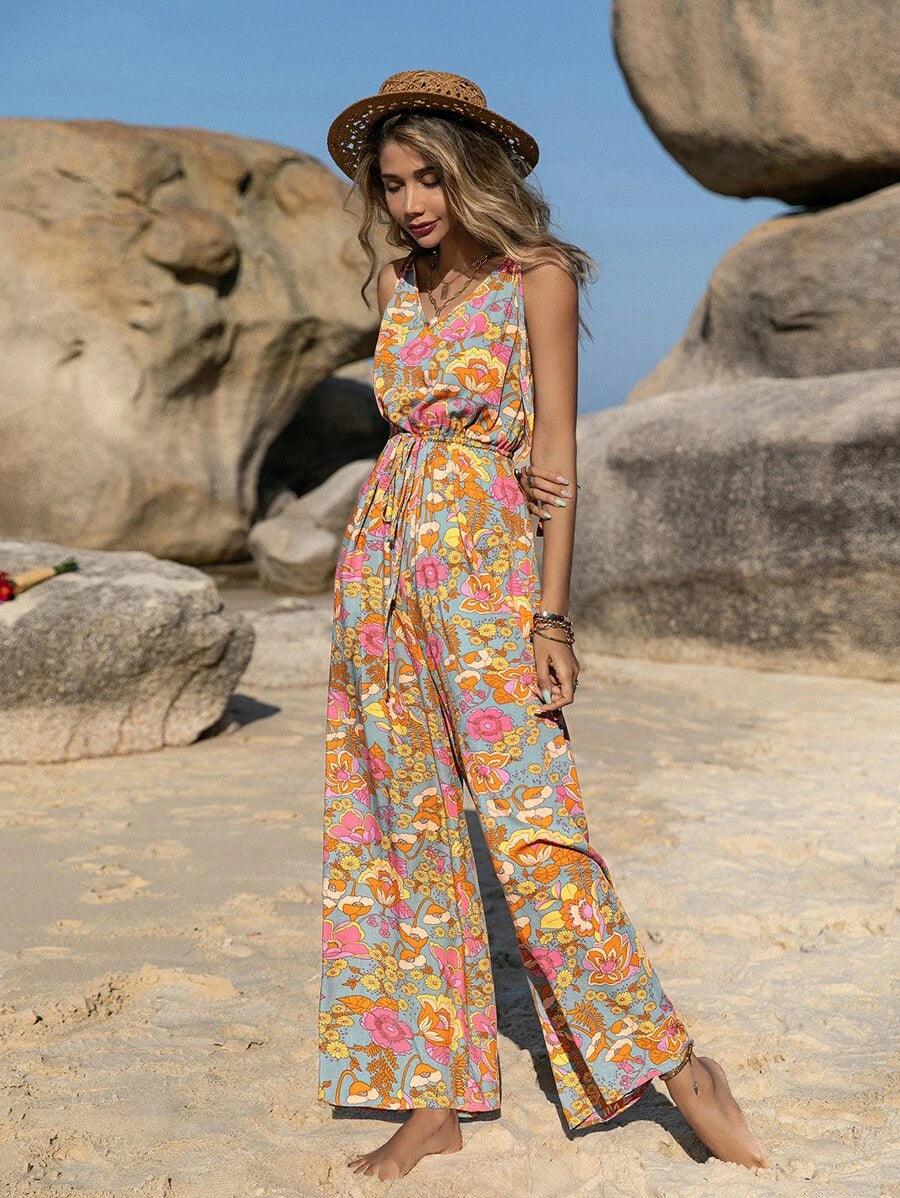 Floral Print Tie Shoulder Sleeveless Jumpsuit-Comfy Jumpsuits