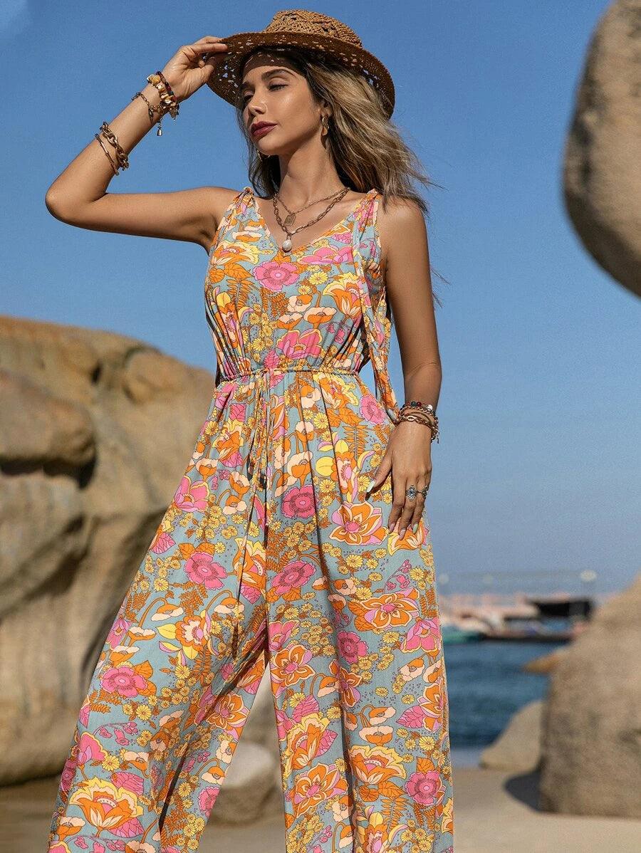 Floral Print Tie Shoulder Sleeveless Jumpsuit-Comfy Jumpsuits