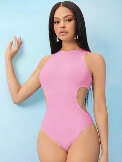 Cutout Side Solid Bodysuit-Comfy Jumpsuits