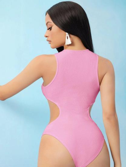 Cutout Side Solid Bodysuit-Comfy Jumpsuits