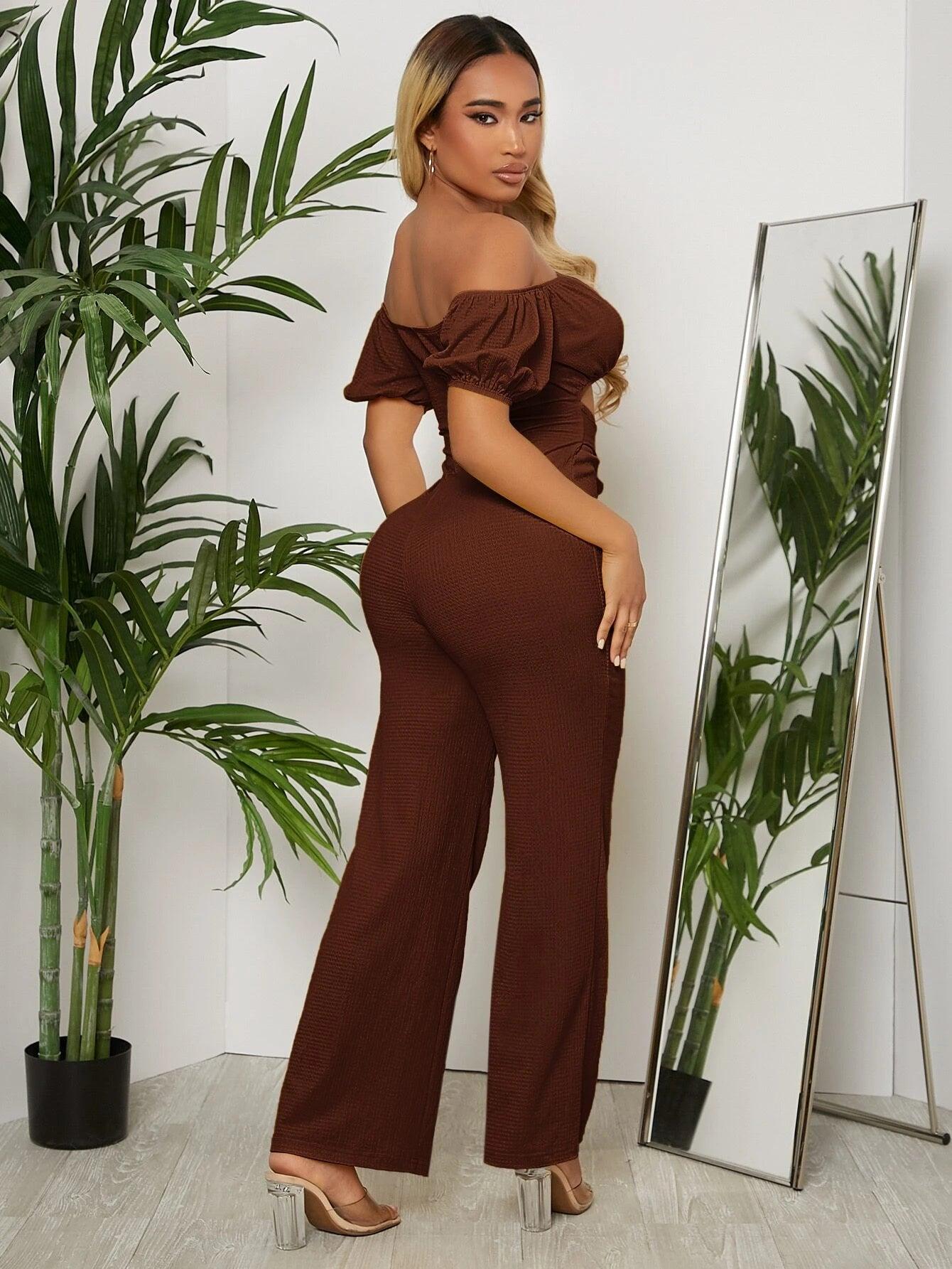 Off Shoulder Puff Sleeve Jumpsuit-Comfy Jumpsuits