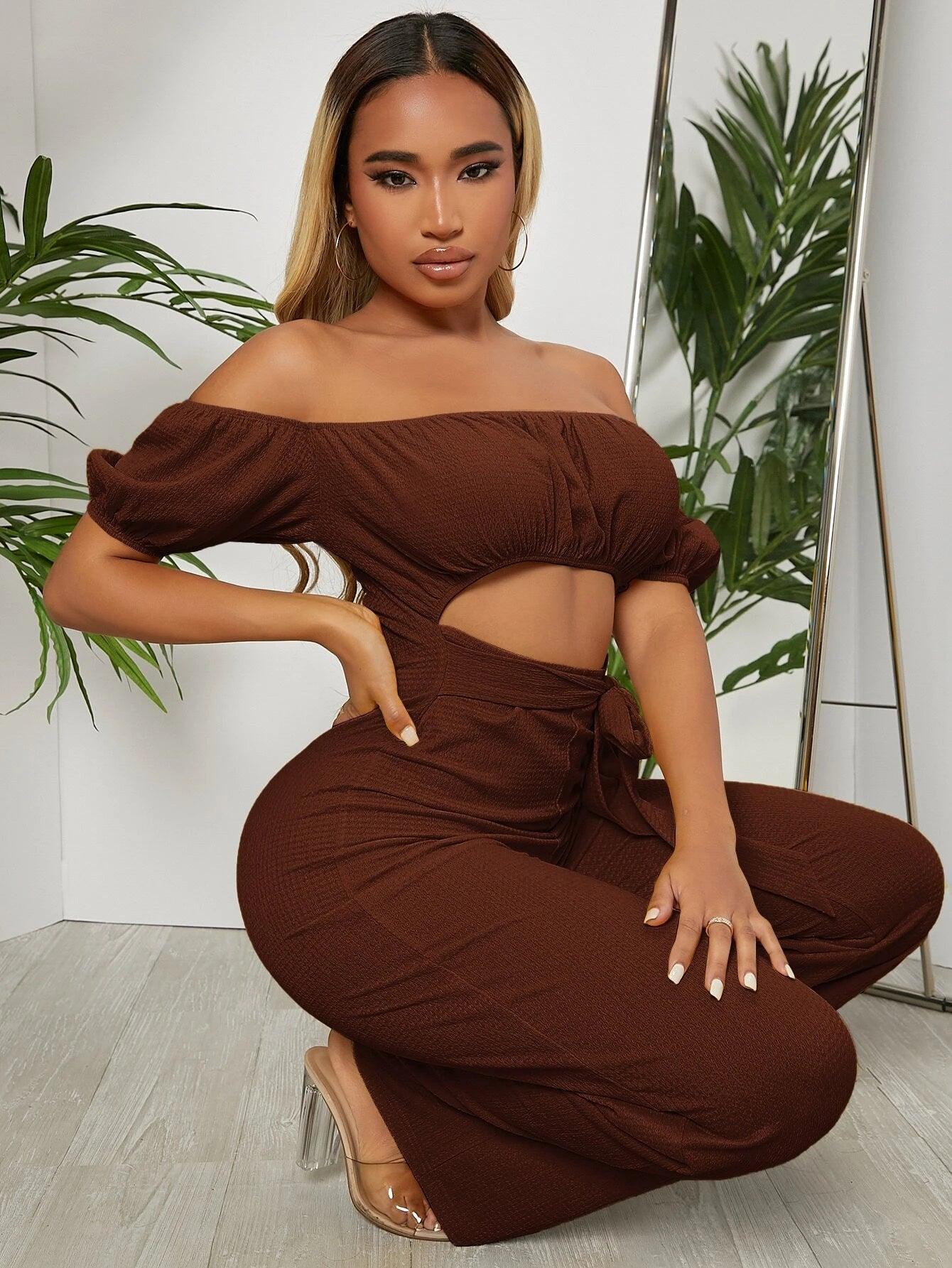 Off Shoulder Puff Sleeve Jumpsuit-Comfy Jumpsuits