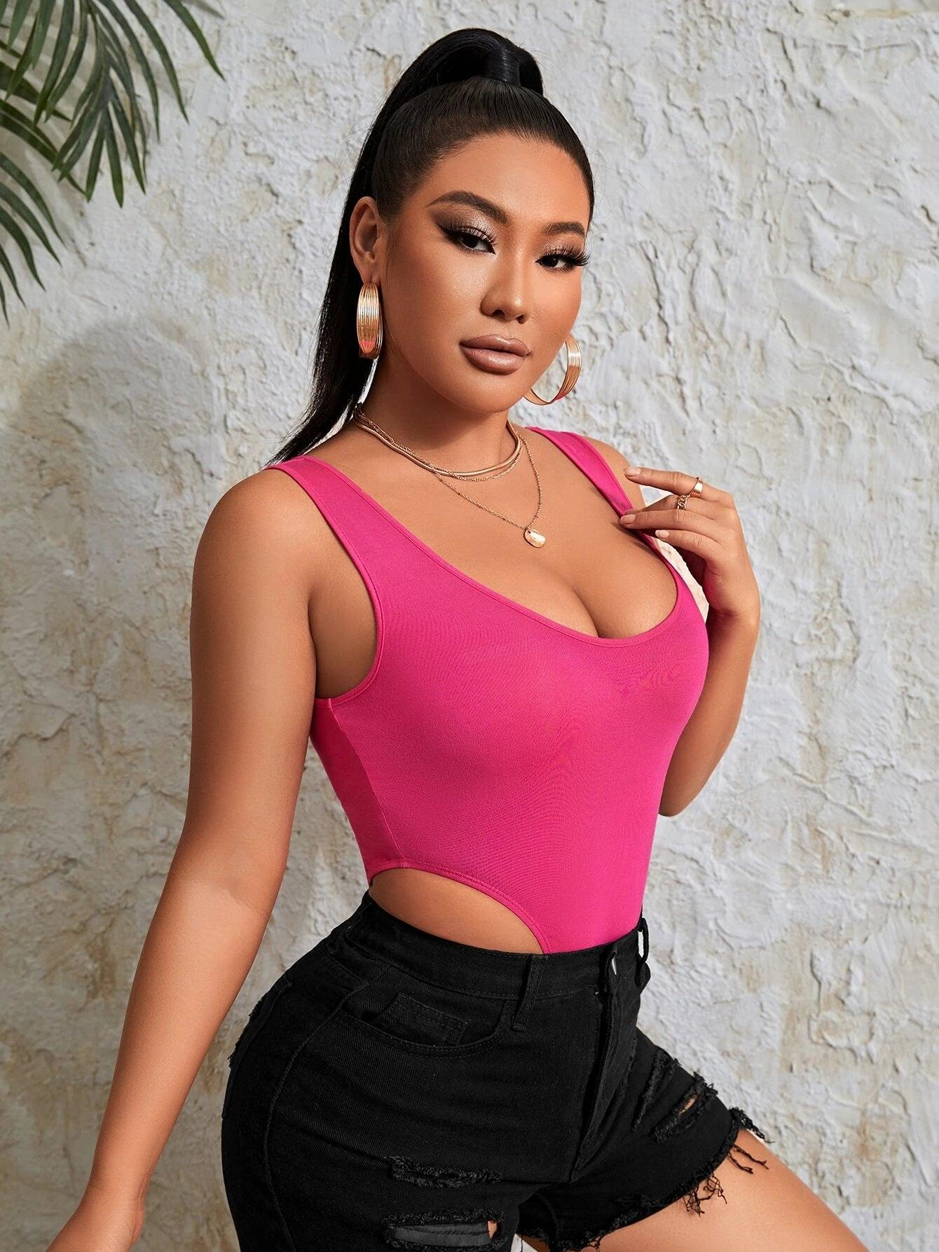 Plain Scoop Neck Slim Fit Bodysuit-Comfy Jumpsuits