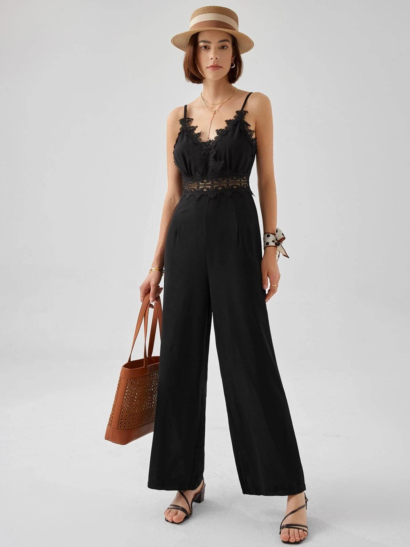 Contrast Lace Zip Back Cami Jumpsuit-Comfy Jumpsuits