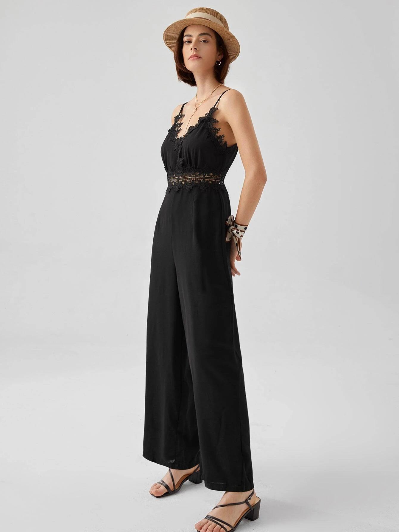 Contrast Lace Zip Back Cami Jumpsuit-Comfy Jumpsuits