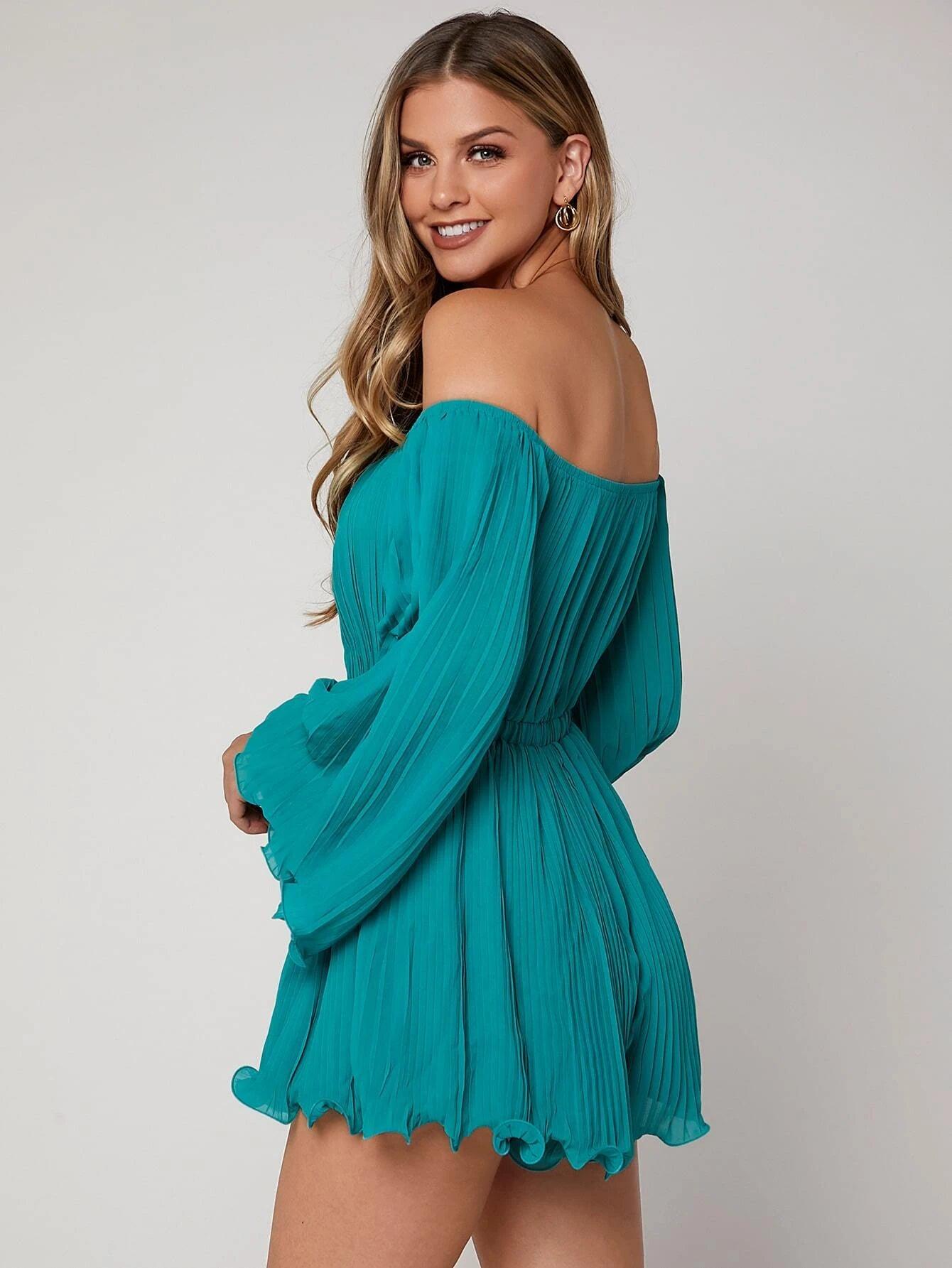 Off Shoulder Pleated Trumpet Sleeve Romper-Comfy Jumpsuits