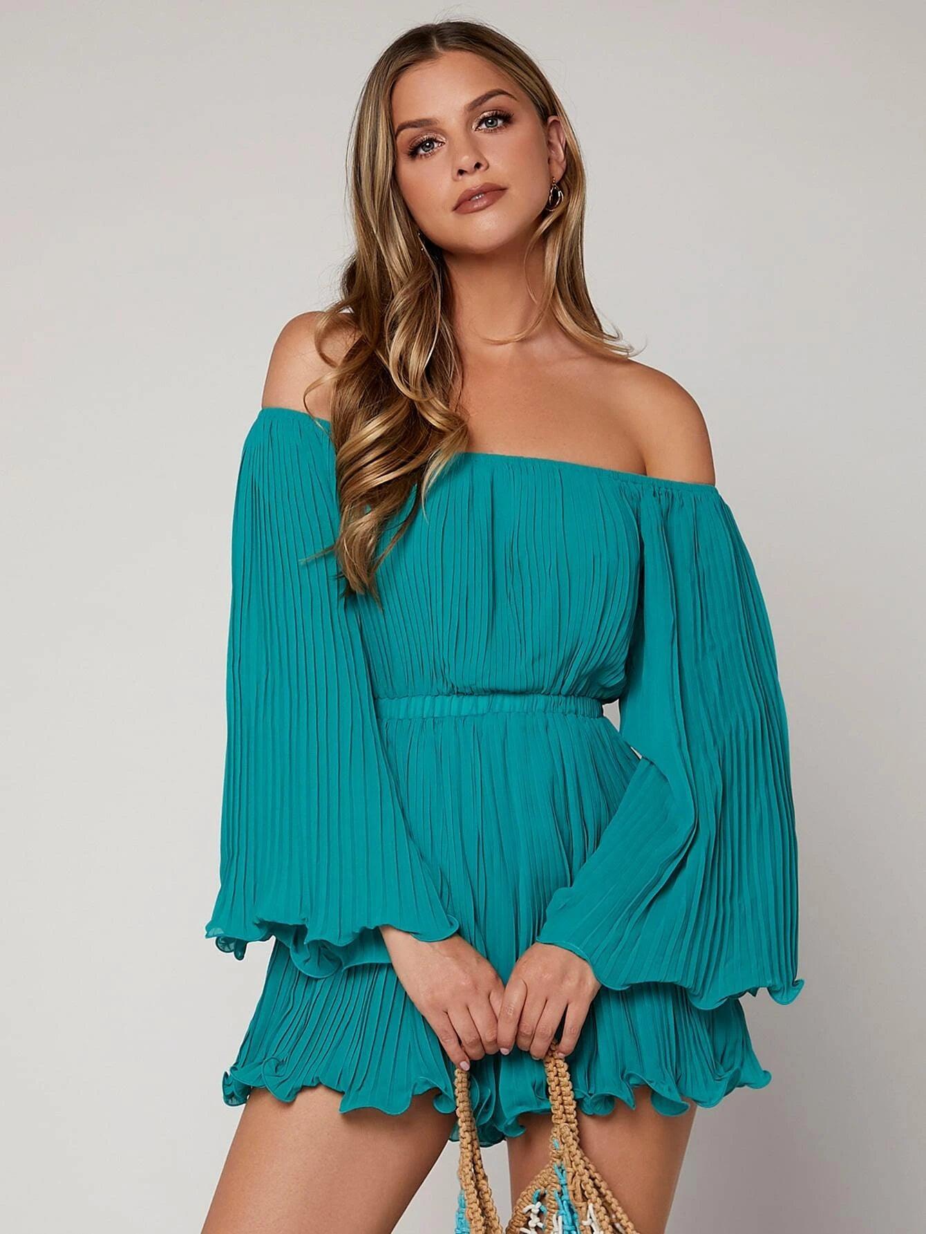 Off Shoulder Pleated Trumpet Sleeve Romper-Comfy Jumpsuits