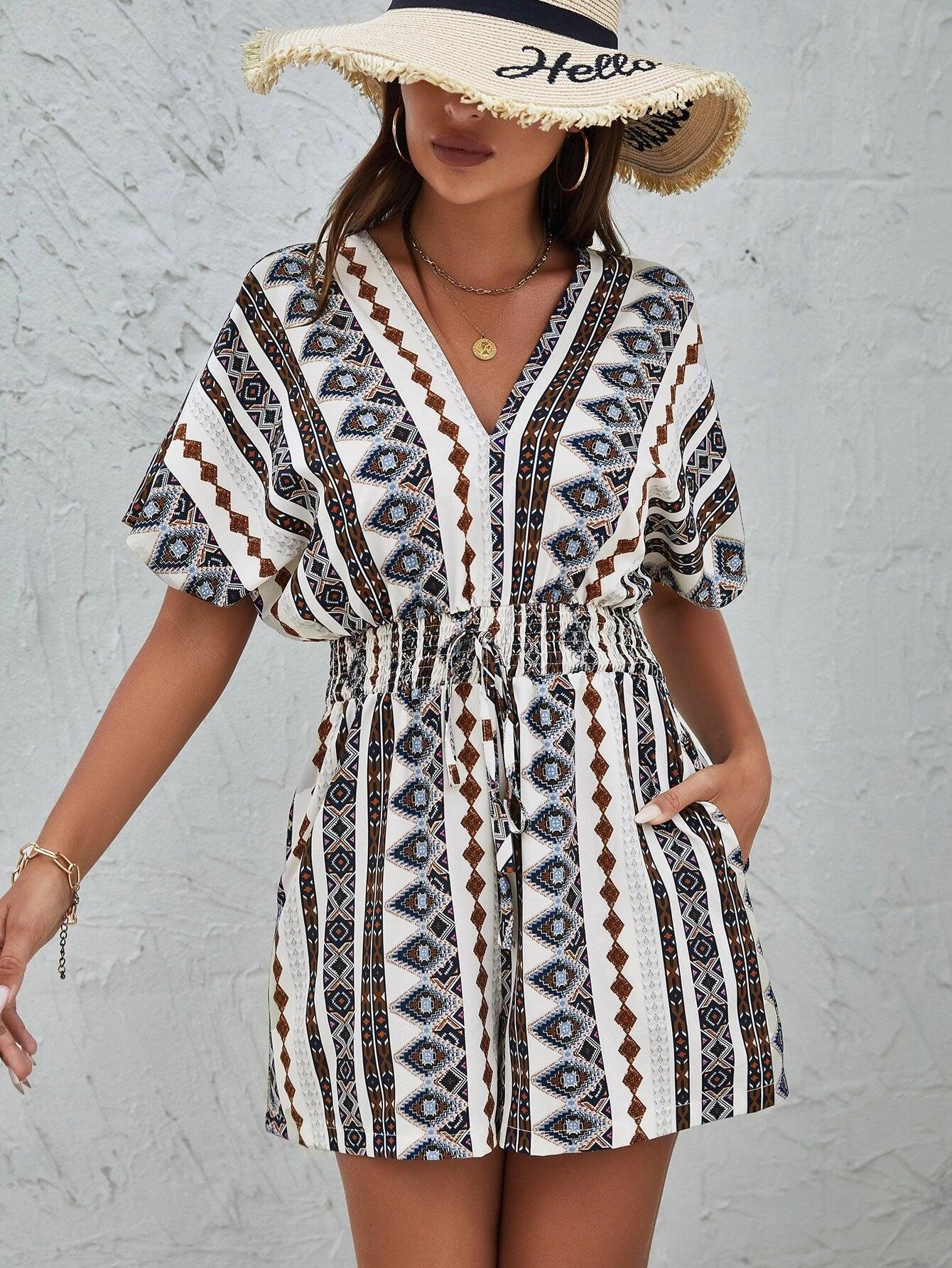 Geo Print Batwing Sleeve Shirred Knot Front Romper-Comfy Jumpsuits
