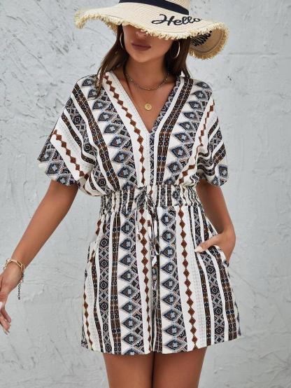 Geo Print Batwing Sleeve Shirred Knot Front Romper-Comfy Jumpsuits