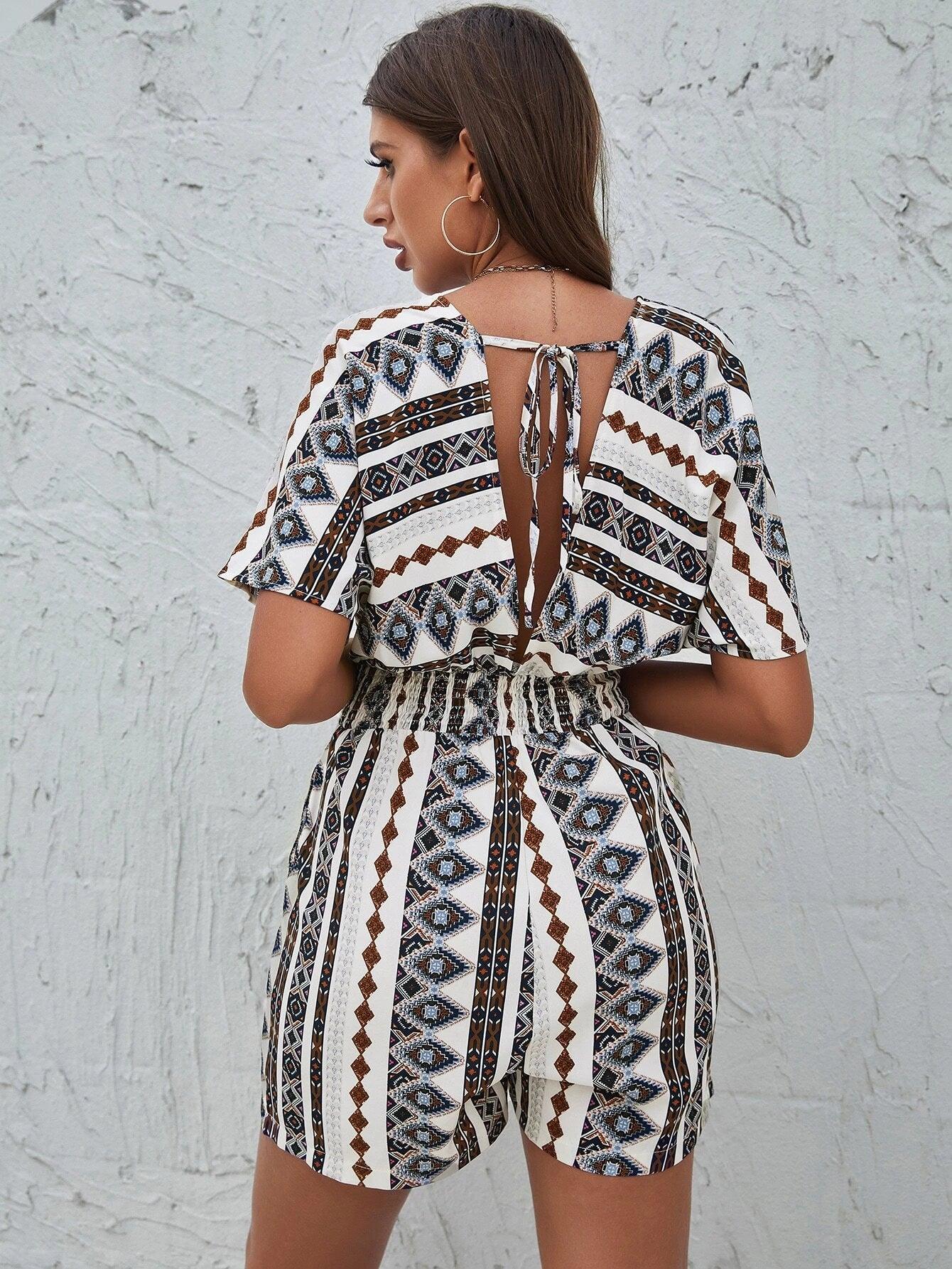 Geo Print Batwing Sleeve Shirred Knot Front Romper-Comfy Jumpsuits