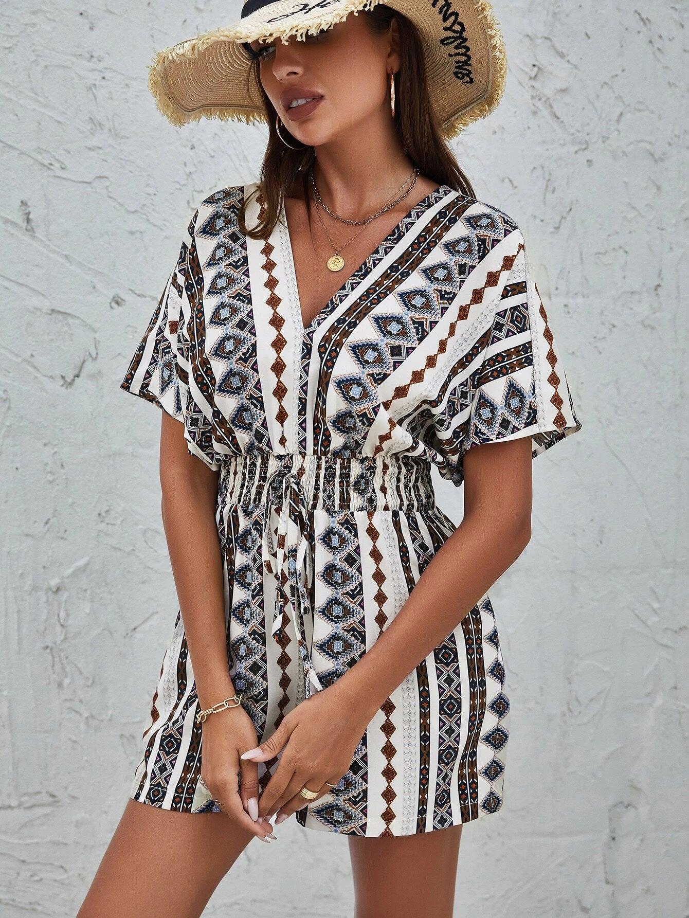 Geo Print Batwing Sleeve Shirred Knot Front Romper-Comfy Jumpsuits