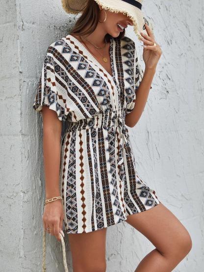 Geo Print Batwing Sleeve Shirred Knot Front Romper-Comfy Jumpsuits