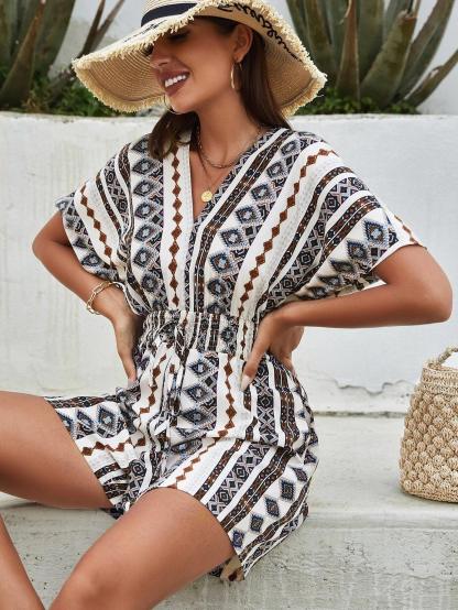 Geo Print Batwing Sleeve Shirred Knot Front Romper-Comfy Jumpsuits