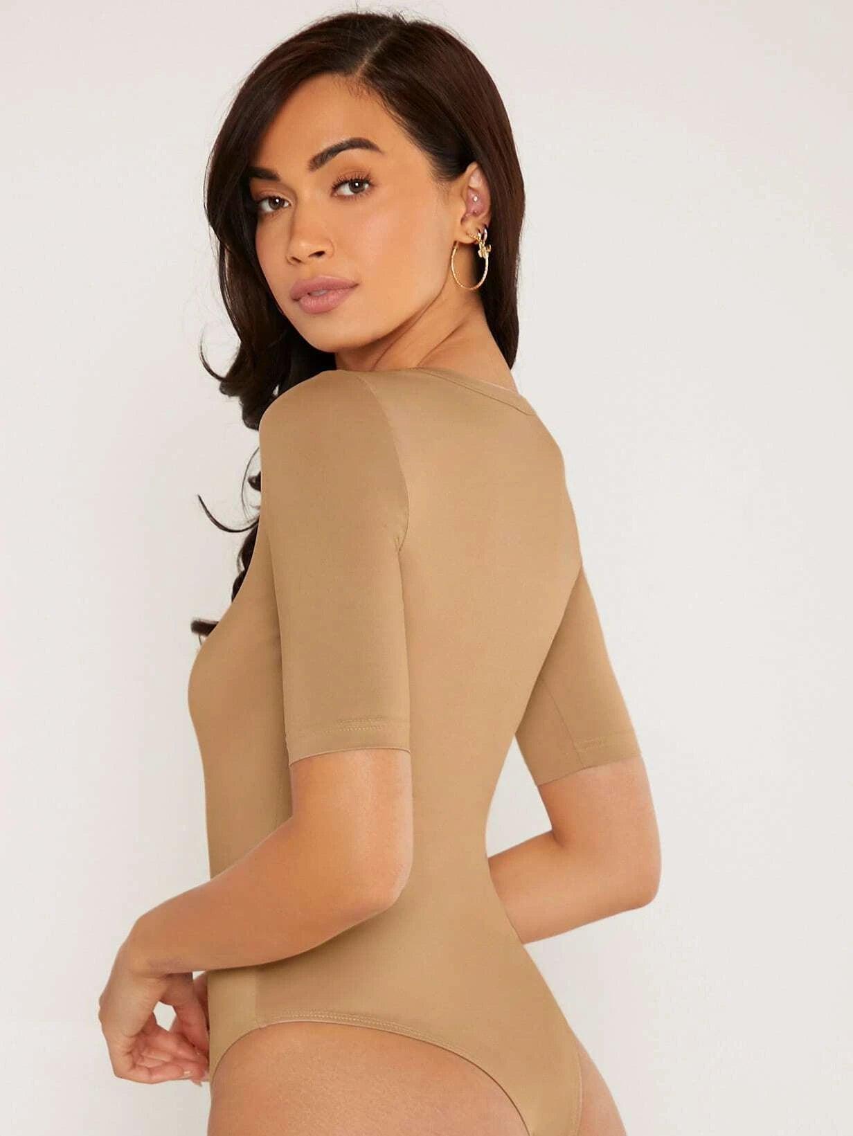 Solid Colored Scooped Neckline Bodysuit-Comfy Jumpsuits