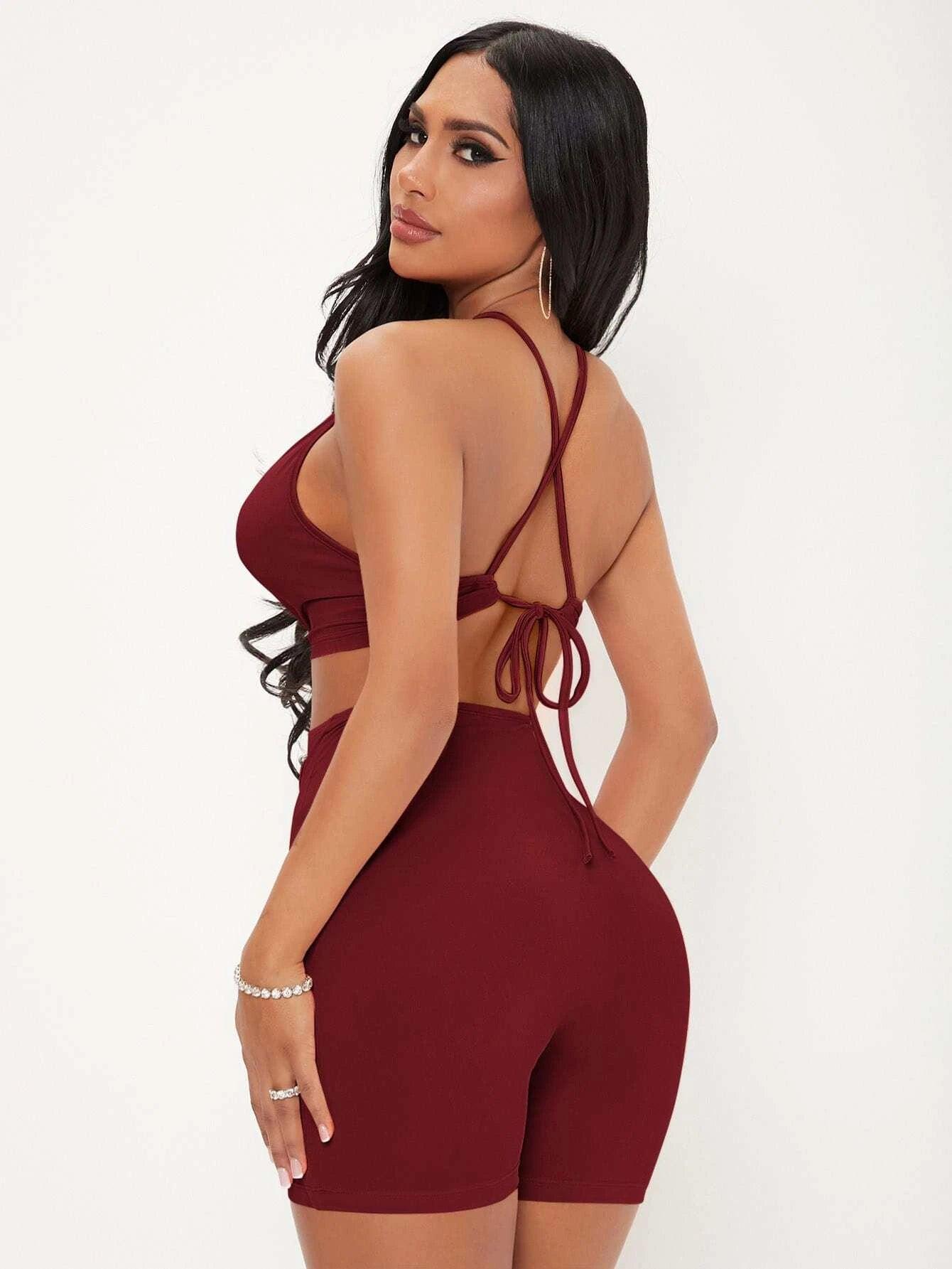 Halter Neck Cut Out Tie Backless Unitard-Comfy Jumpsuits