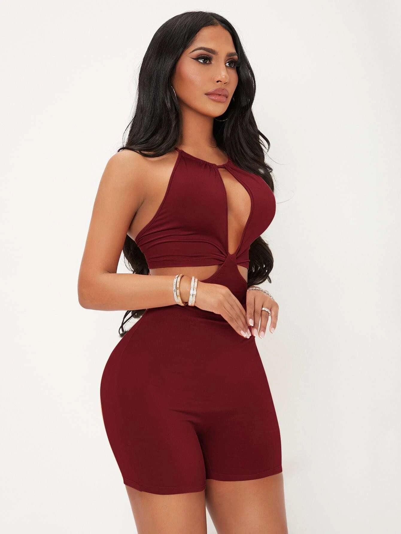 Halter Neck Cut Out Tie Backless Unitard-Comfy Jumpsuits