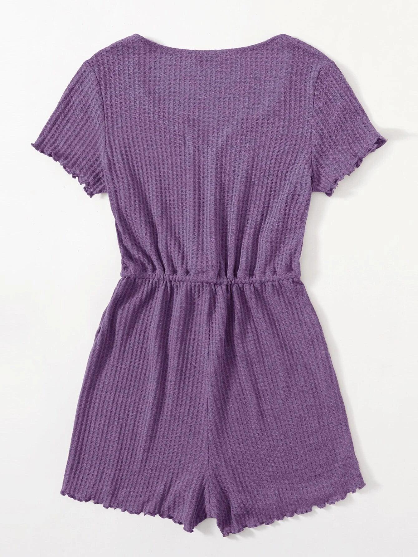 Notched Neck Lettuce Trim Romper-Comfy Jumpsuits