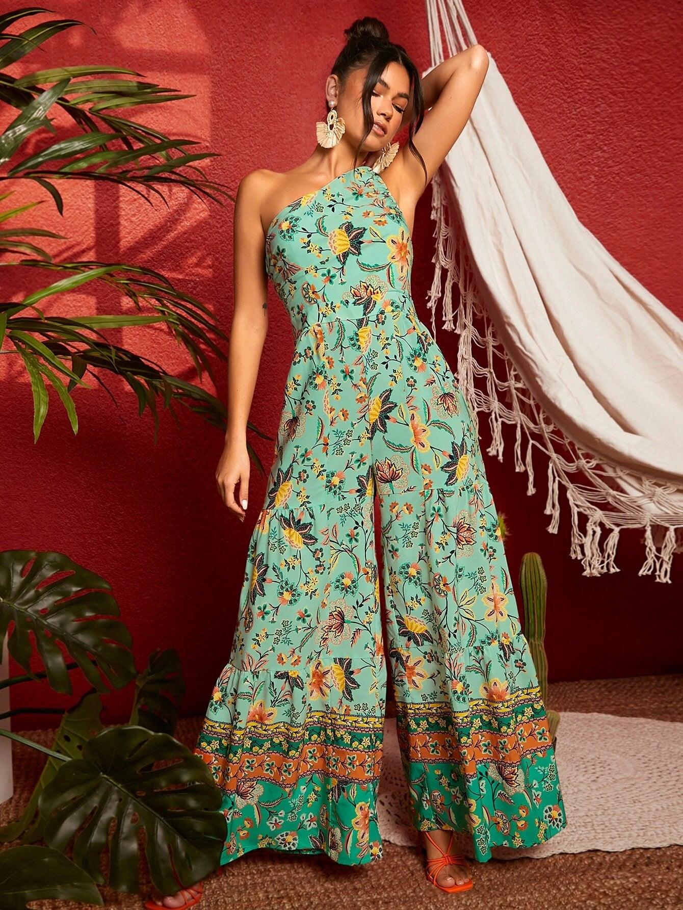 Floral Print One Shoulder Wide Leg Jumpsuit-Comfy Jumpsuits