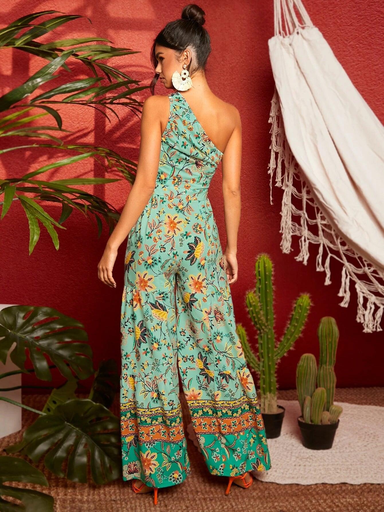 Floral Print One Shoulder Wide Leg Jumpsuit-Comfy Jumpsuits